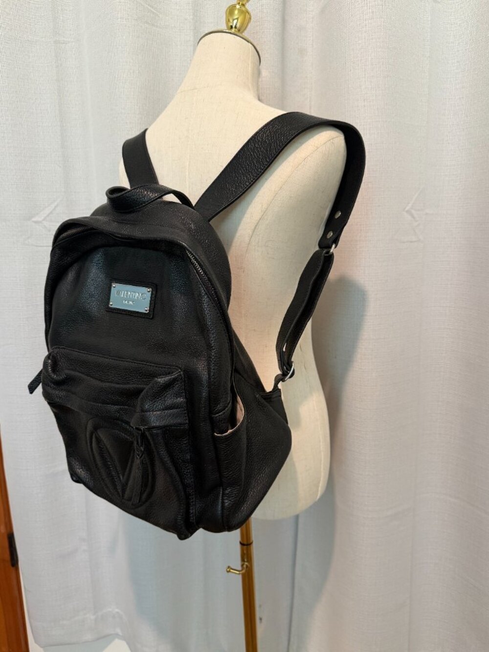 Valentino by Mario Valentino Black Pebbled Leather Backpack - Picture 9 of 12